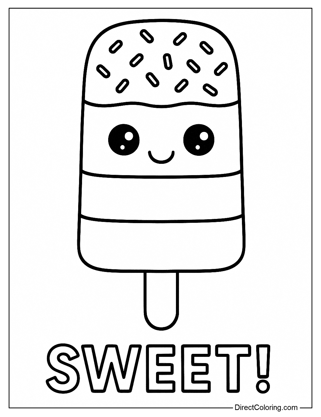 A 4-layered ice cream coloring page with sprinkles and glitter eyes.